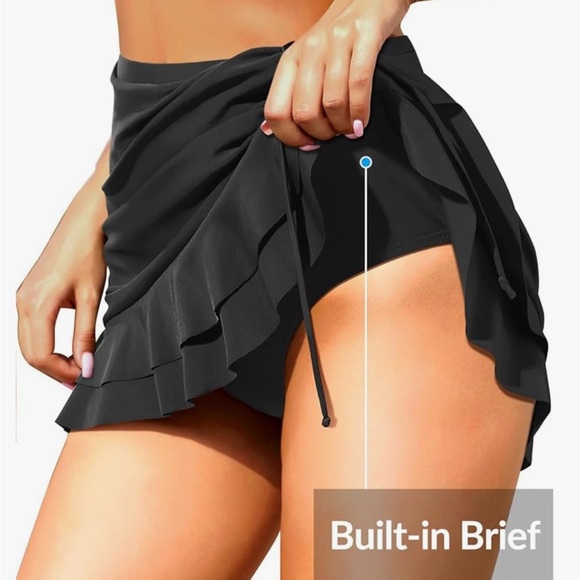 Black Ruched Ruffle Swim Skirt - Picture 3 of 12
